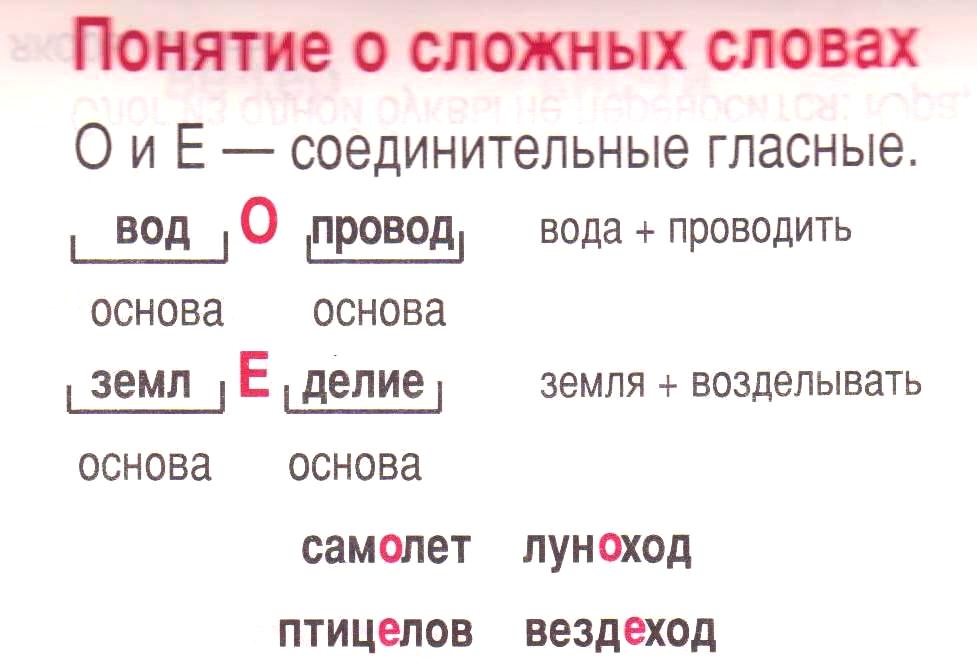 О е в сложных словах. Основа в сложных словах. Основа в сложных словах с соединительной. Соединительная гласная входит в основу. Основа в слове с соединительной гласной.