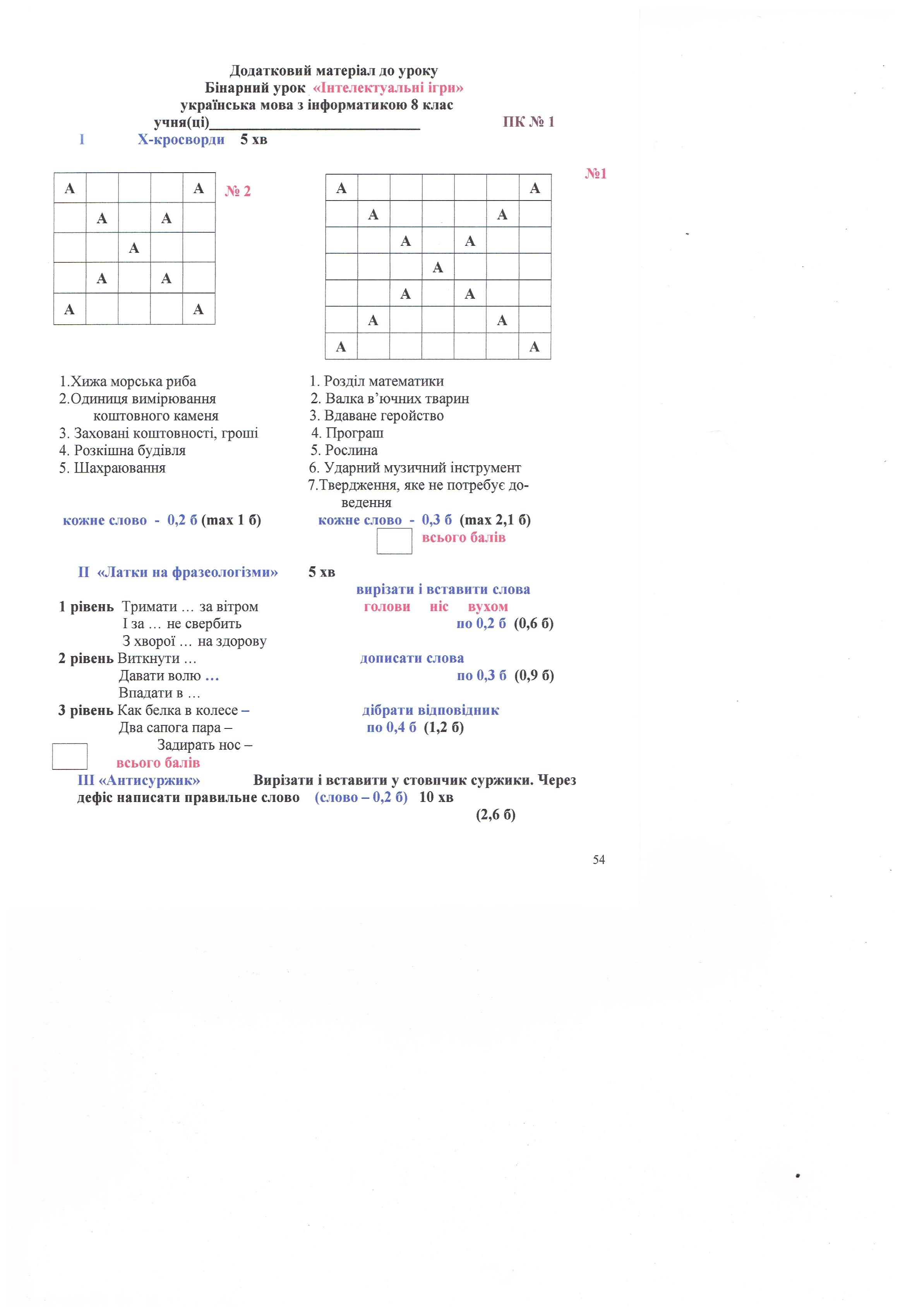 Дидактический материал к бинарному уроку Українська мова з інформатикою, 8 класс