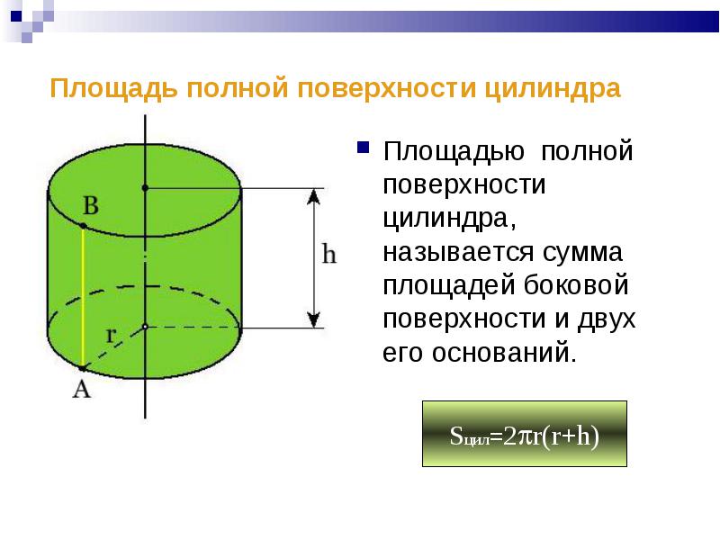 Площадь углов поверхности цилиндра. Площадь полной поверхности цилиндра. Формула полной поверхности цилиндра. Площадь полной поверхности цилиндра формула. Формулы площади боковой и полной поверхности цилиндра.