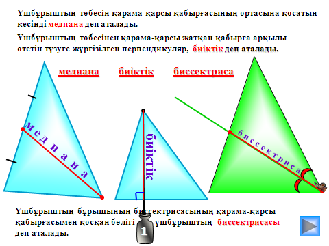 Үшбұрыш және оның түрлері. Бізді қоршаған әлемдегі үшбұрыштар. Үшбұрыштың медианалары, биссектрисалары, биіктіктері.