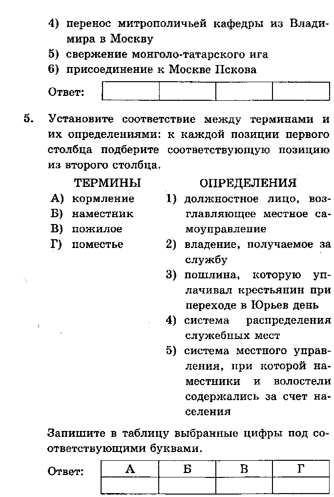 Тест по истории 10 класс Русь Московская