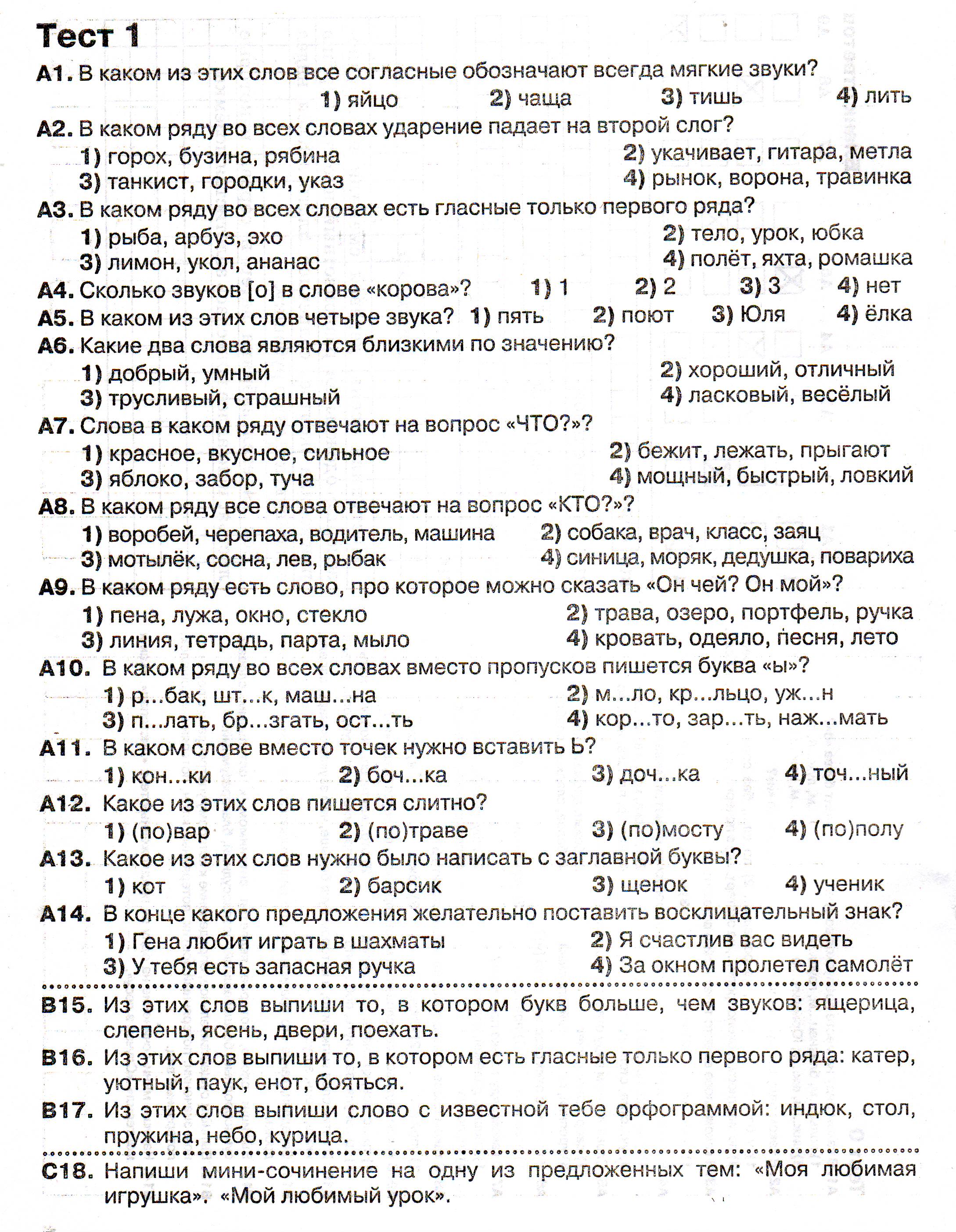 Русский язык . Итоговое тестирование. 1 класс