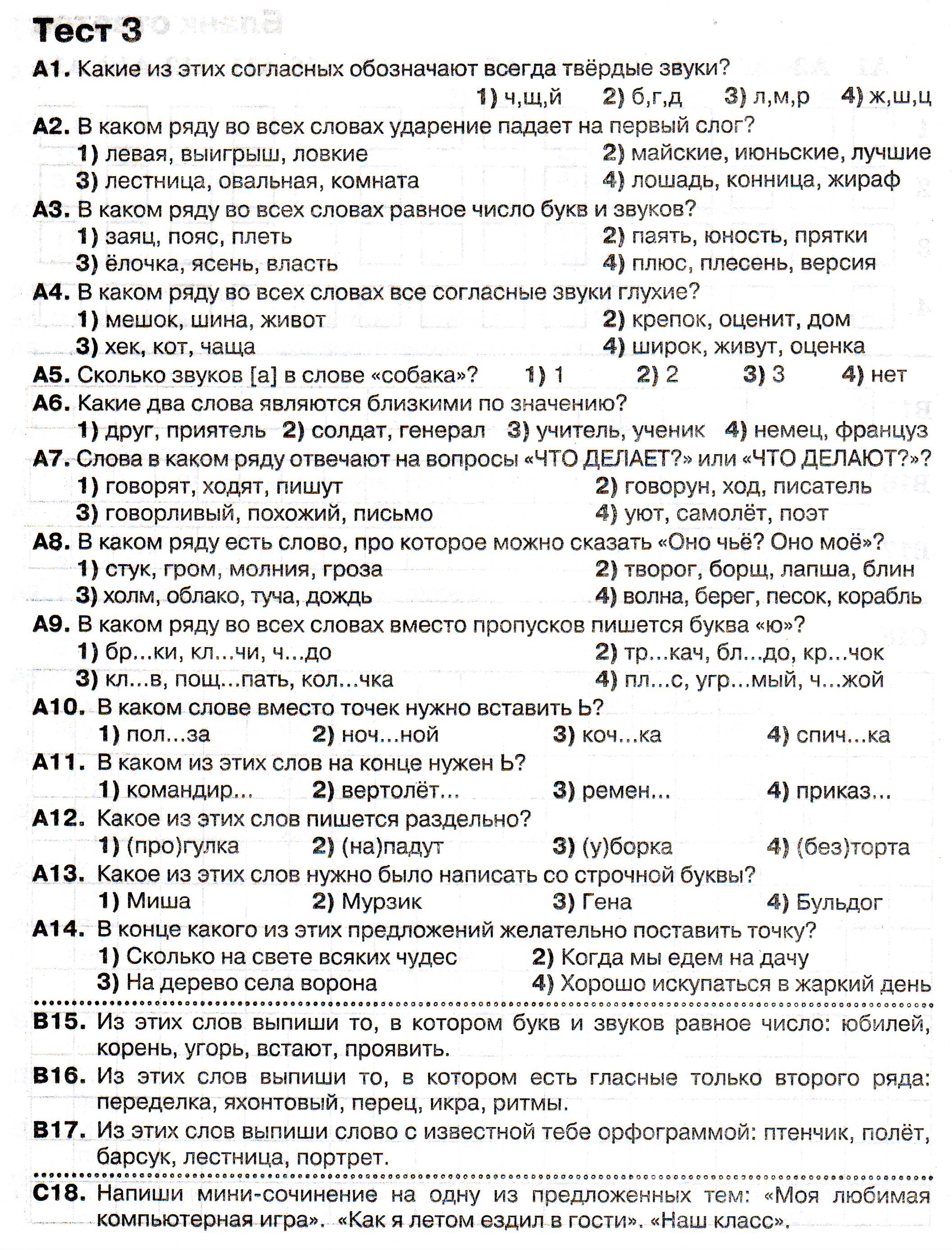 Русский язык . Итоговое тестирование. 1 класс