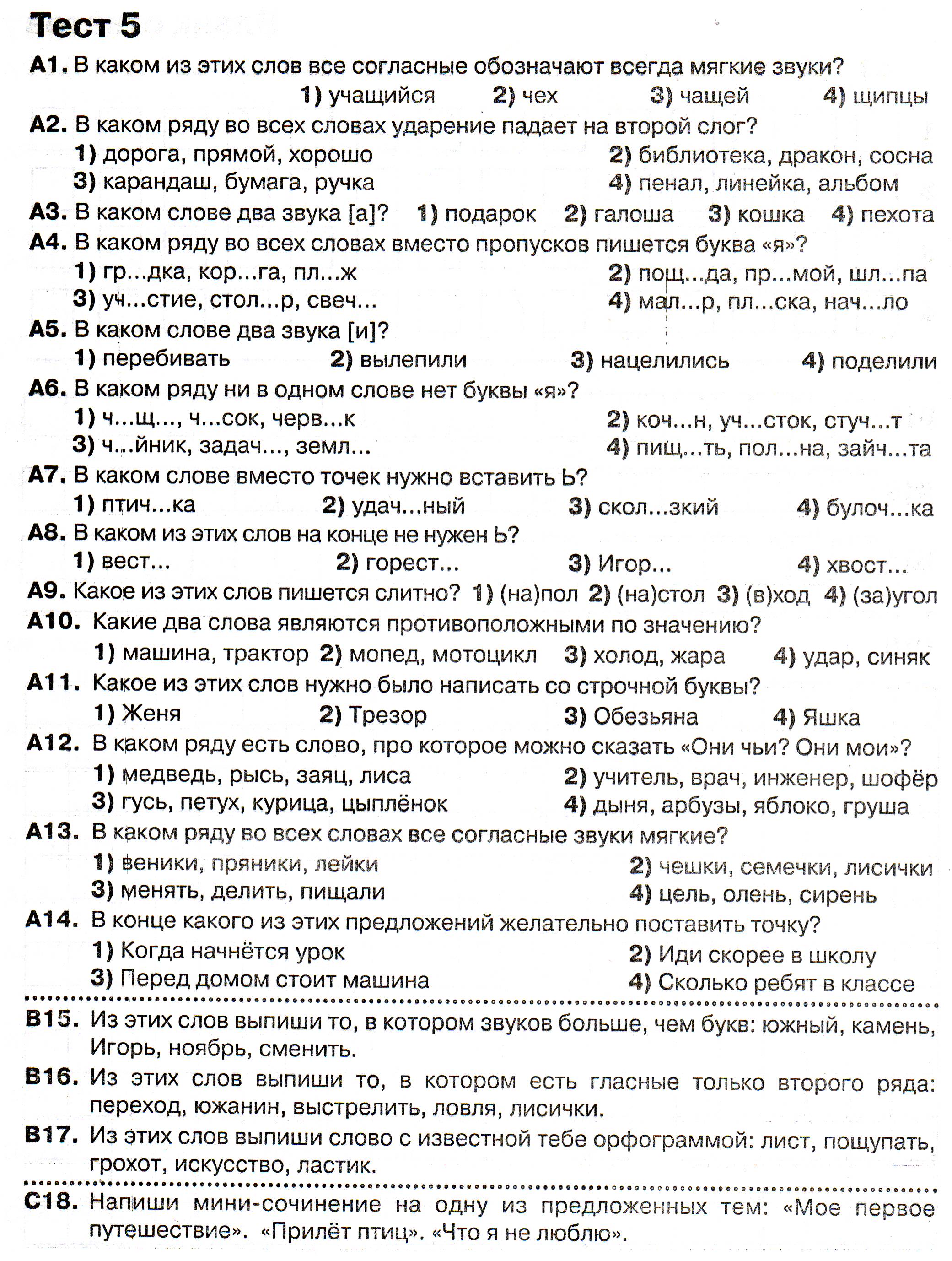 Русский язык . Итоговое тестирование. 1 класс