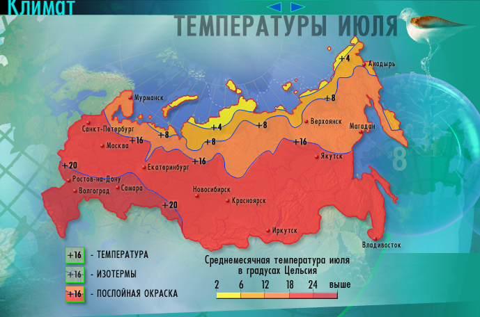 Средние температуры июля и января в россии