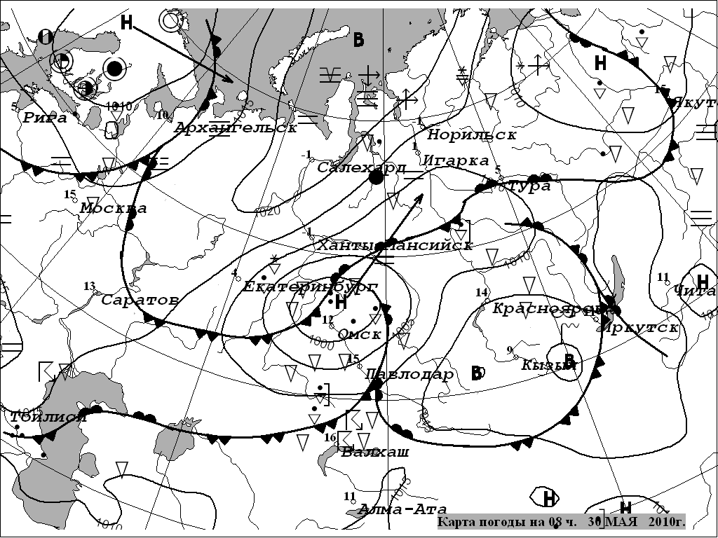 Синоптическая карта с фронтальным анализом евразии