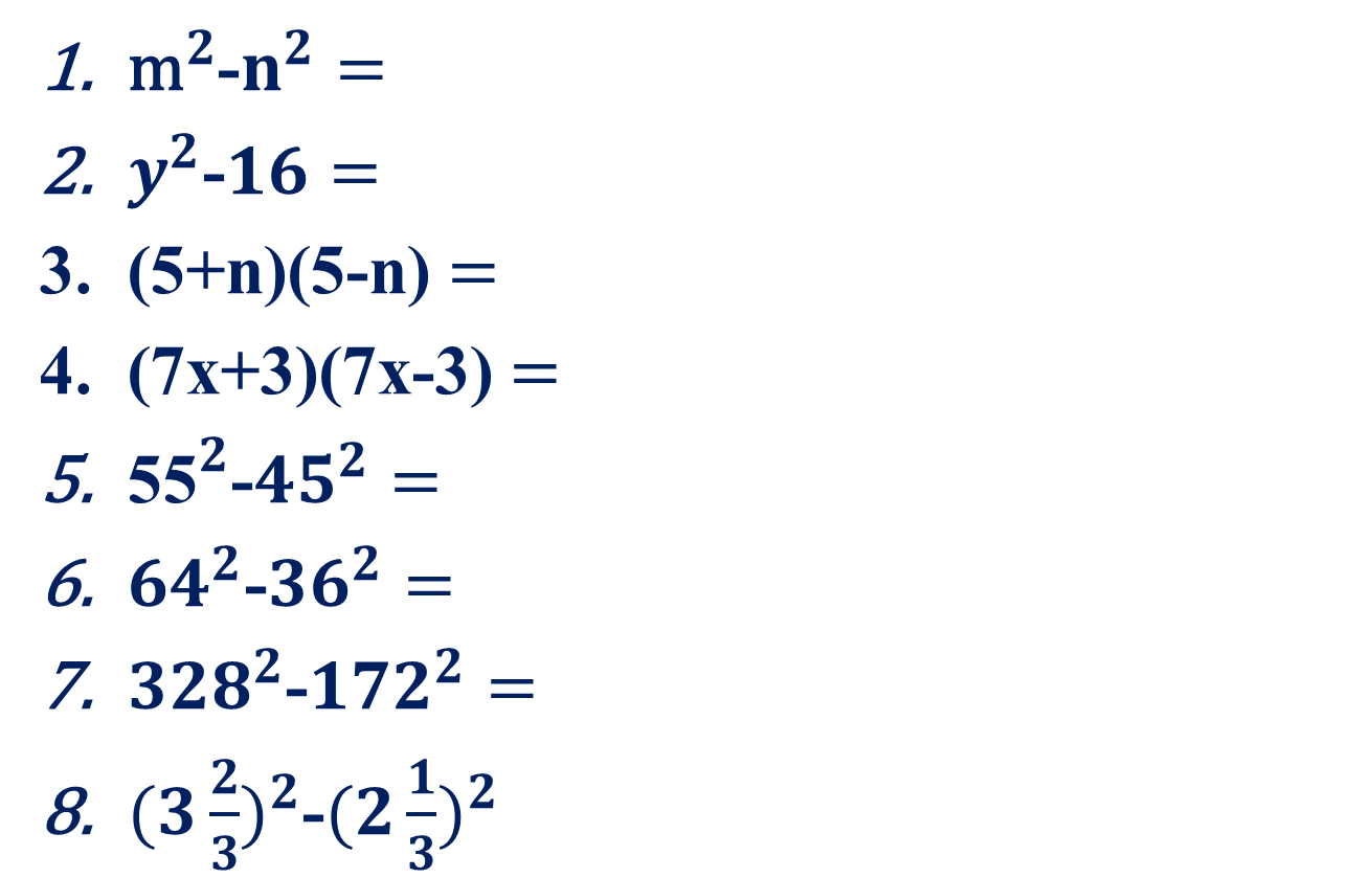 Екі өрнектің квадраттарының айырымы формуласына есептер шығару.
