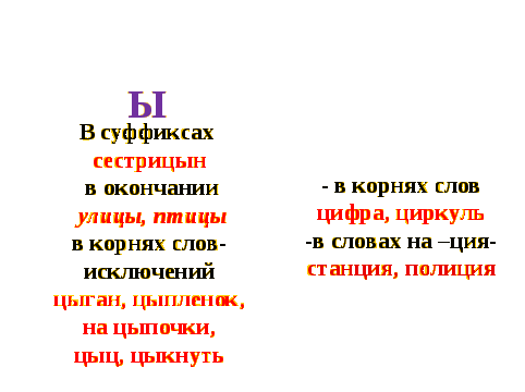 Слова исключения ы после ц