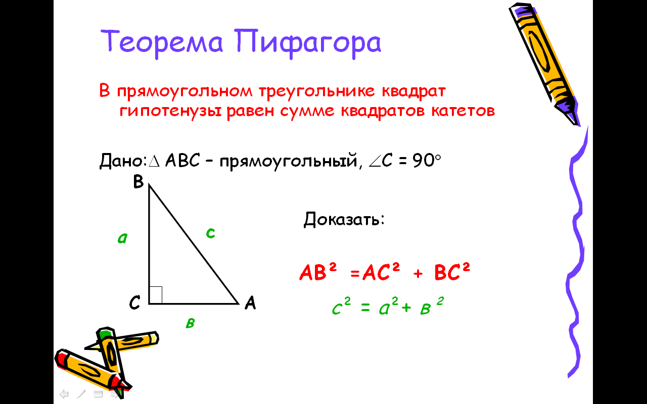 Конспект урока к презентации Теорема Пифагора (8 класс) .
