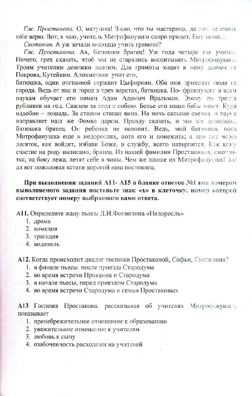 Тестовая работа по литературе для 9 класса