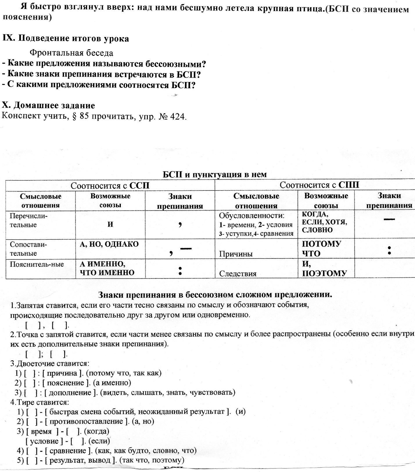 Конспект урока по русскому языку на тему Бессоюзное сложное предложение (10 класс)