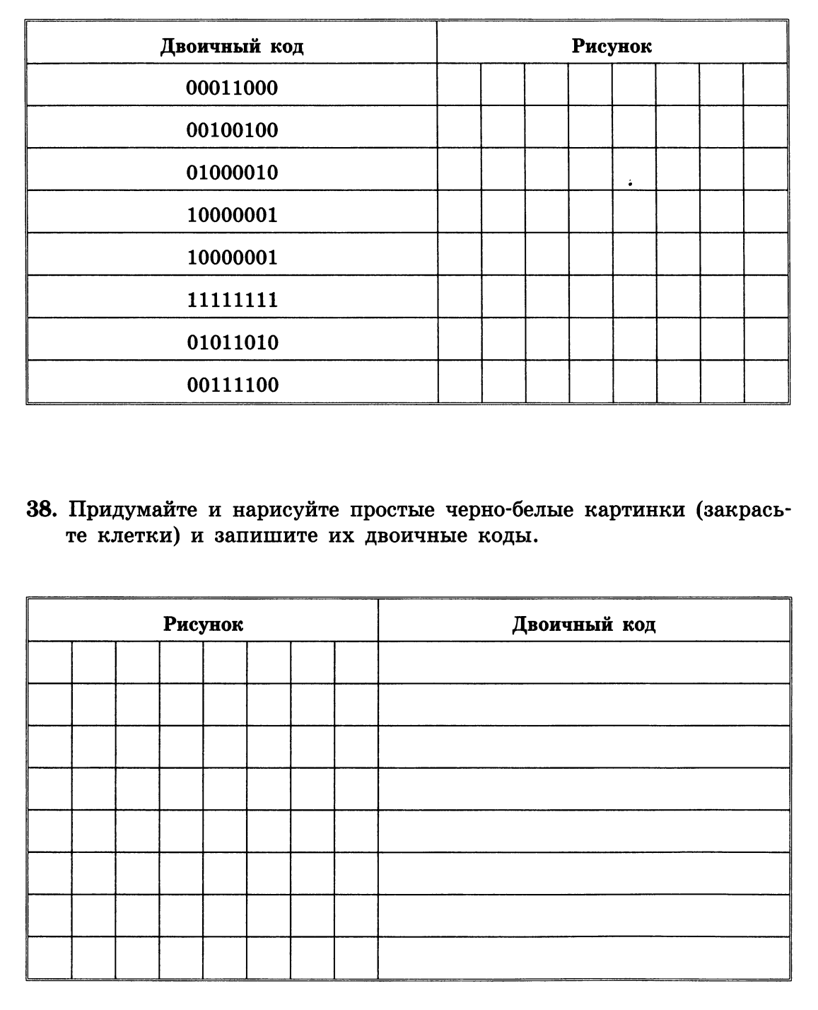 Придумайте и нарисуйте простые черно белые картинки закрасьте клетки и запишите их двоичные коды