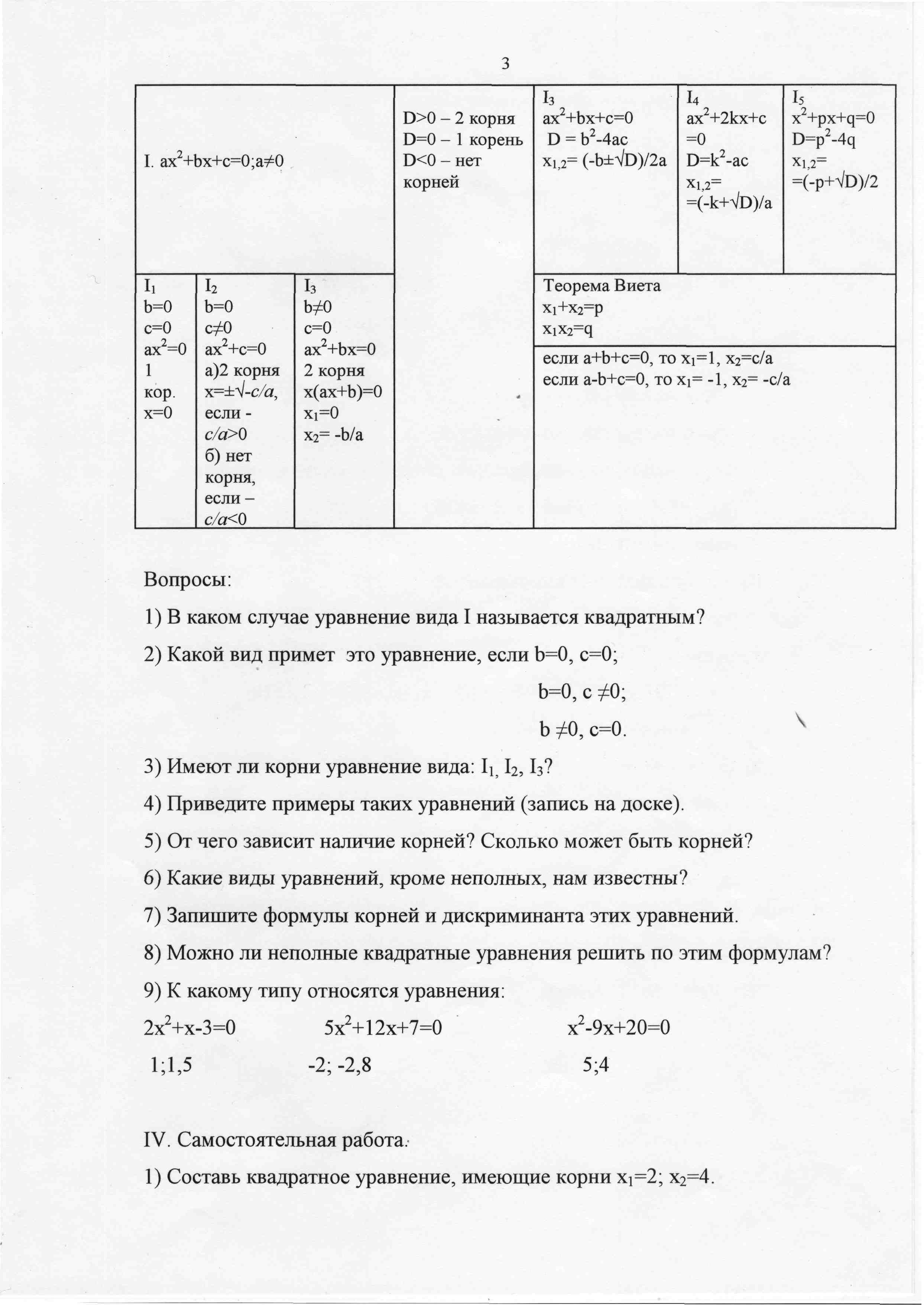 Разработка урока по математике на темуКвадратные уравнения