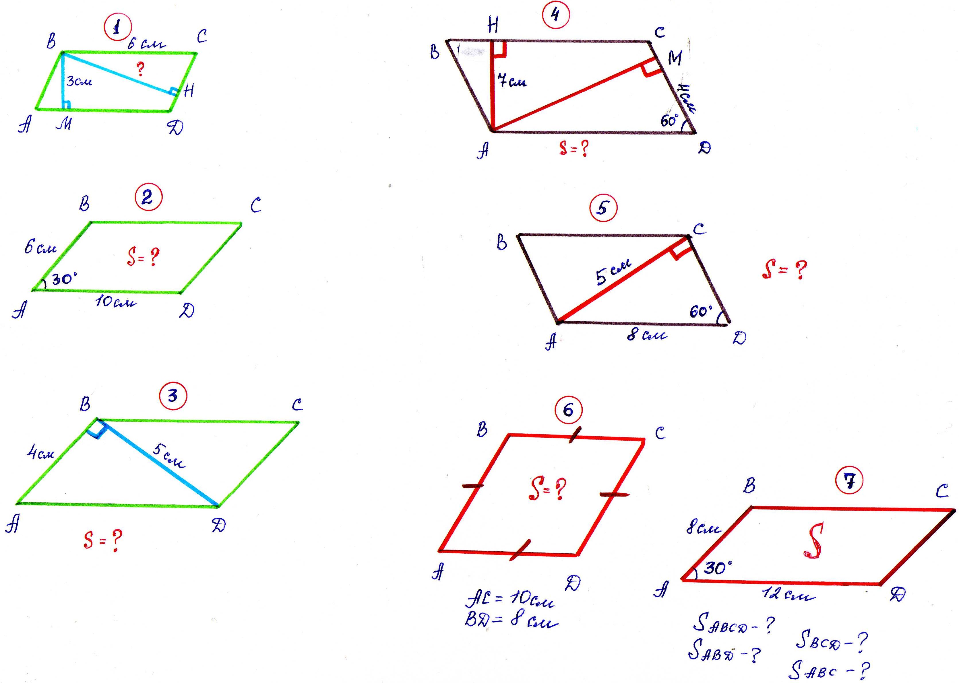Площадь параллелограмма- 8 класс-геометрия.Предлагаю 7 задач на готовых чертежах.