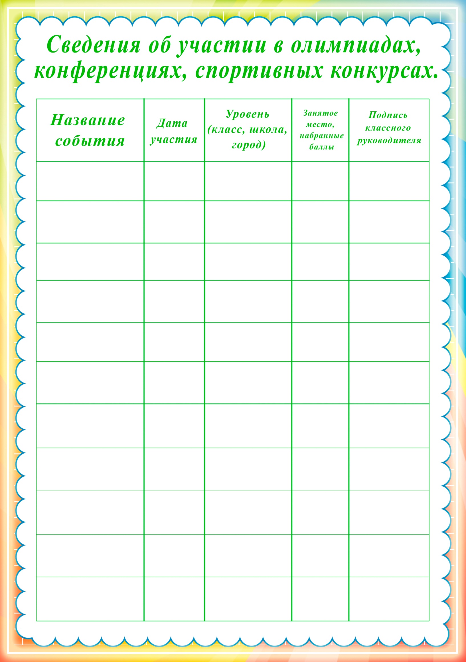 Участия шаблон. Таблица для портфолио. Участие в олимпиадах для портфолио. Таблица участия в мероприятиях для портфолио. Портфолио таблица достижений.