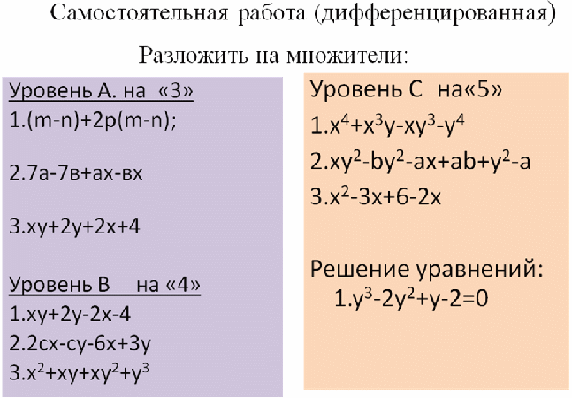 Способ группировки алгебра 7 класс самостоятельные работы. Разложение многочлена на множители метод группировки 7. Задания по алгебре 7 класс метод группировки. Разложение многочленов на множители метод группировки 7 класс. Метод группировки и разложение на множители алгоритм.