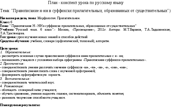 План-конспект урока по русскому языку на тему Правописание н-нн в суффиксах прилагательных, образованных от существительных (6 класс)