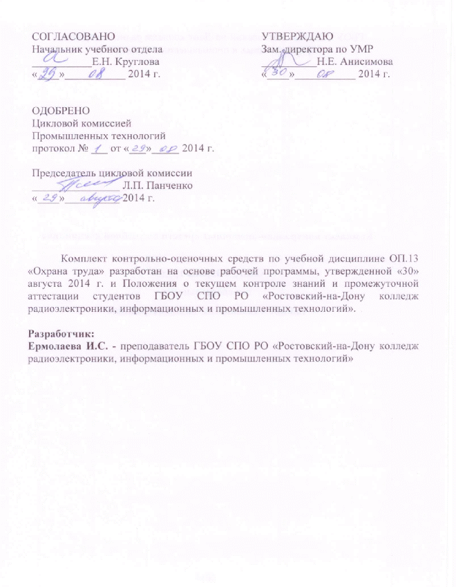 Комплект контрольно-оценочных средств по учебной дисциплине ОП.13 «Охрана труда» для специальности 15.02.08 «Технология машиностроения»