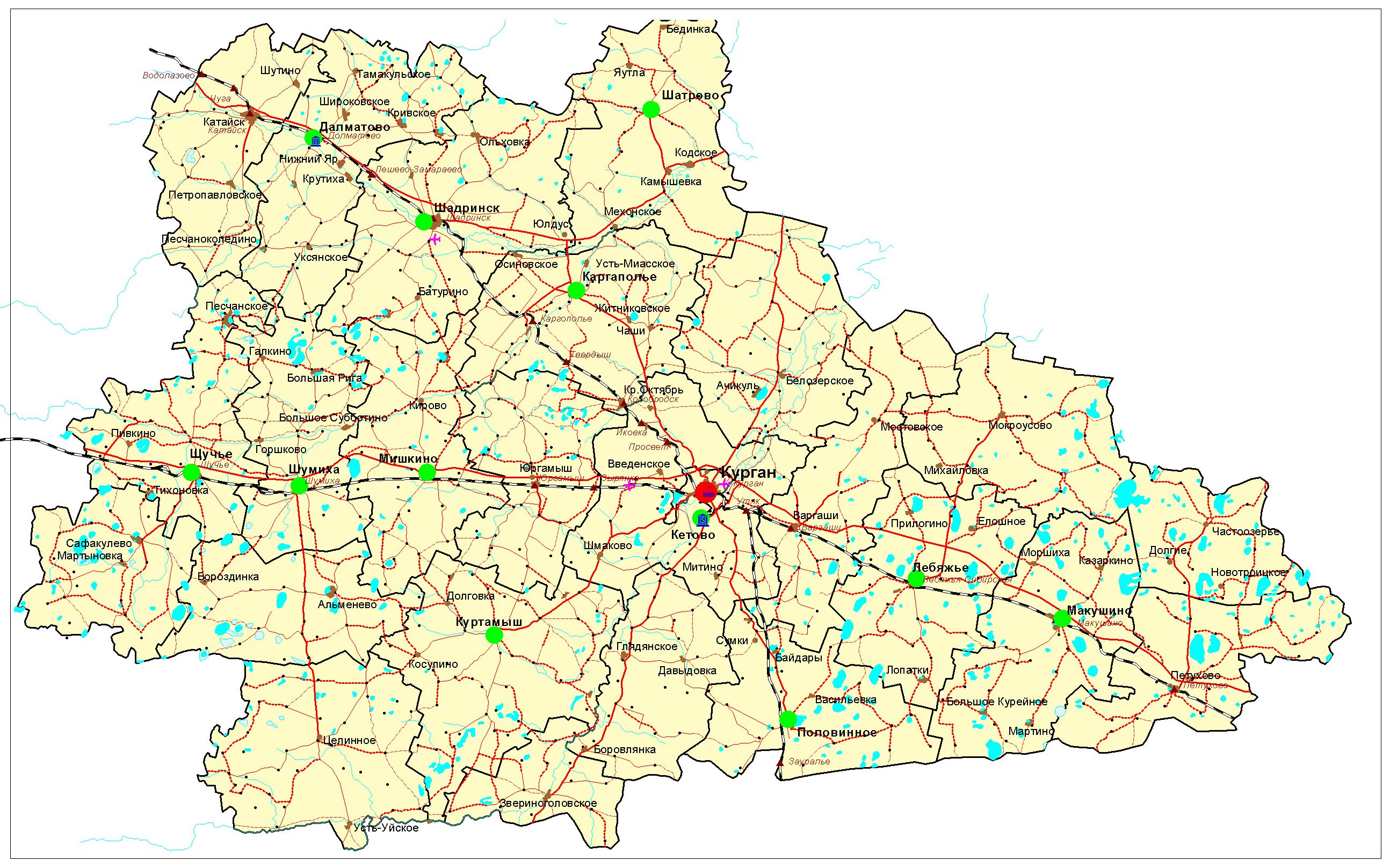 Карта Курганской области по районам с дорогами