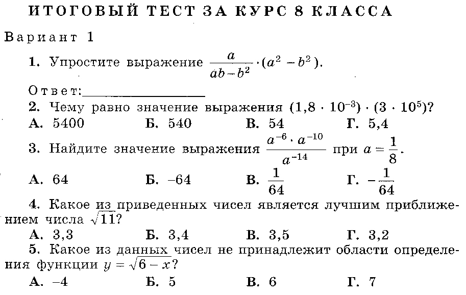 Контрольные работы по алгебре 8 класс