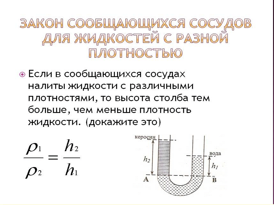 Сообщающиеся сосуды физика 7 класс кратко. Сообщающиеся сосуды физика формулы. Сообщающиеся сосуды физика 7 формула. Сообщающиеся сосуды формулы для жидкостей. Сообщающиеся сосуды в физике 7 класс формулы.