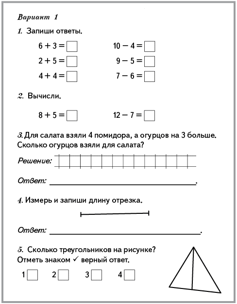 Годовые контрольные работы по русскому языку, математике. 1 класс