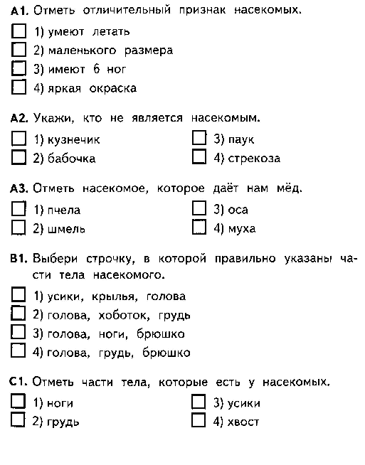 Проверочная тестовая работа по окружающему миру тема Насекомые, 1 класс УМК Начальная школа XXI века