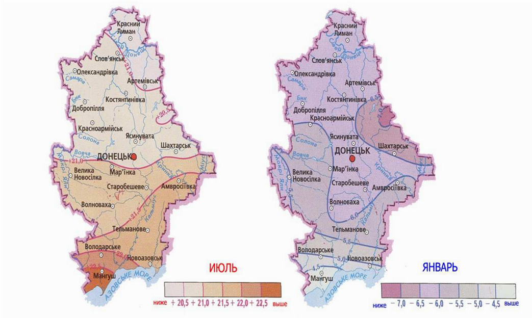 Характеристика климата Донецкой области. Закономерности распределения климатических показателей по территории Донецкой области.