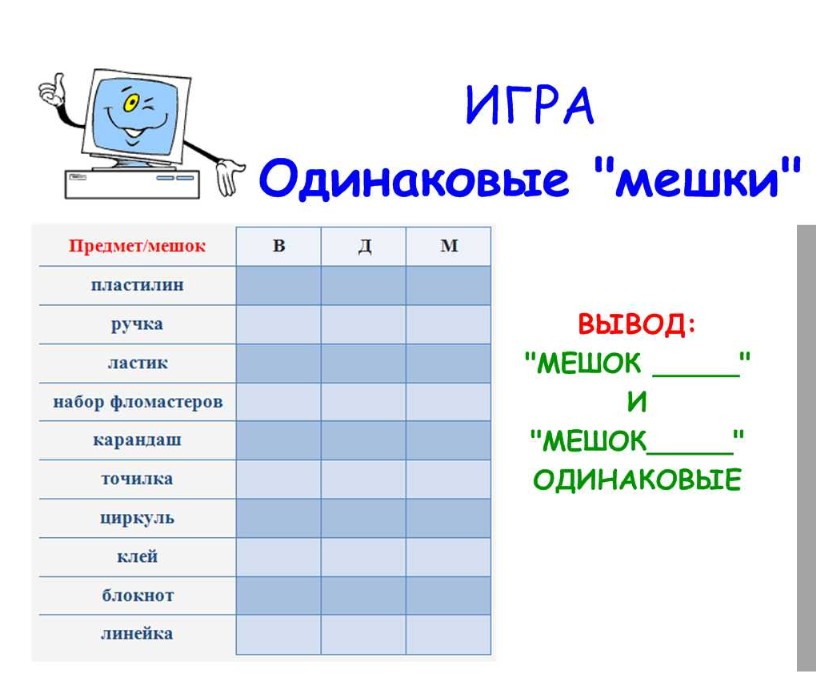 Конспект урока по информатике Таблица для мешка 3 класс