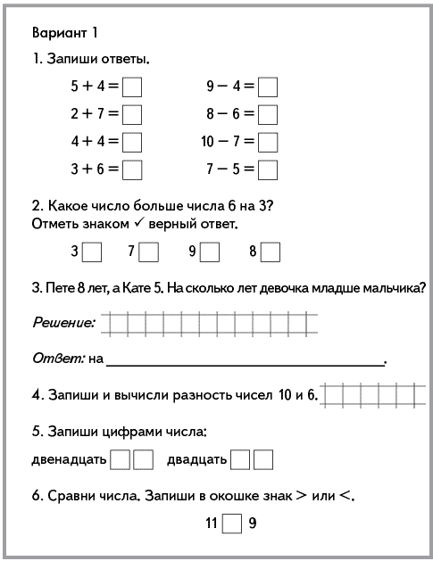 Контрольная работа в классе предшкольной подготовки