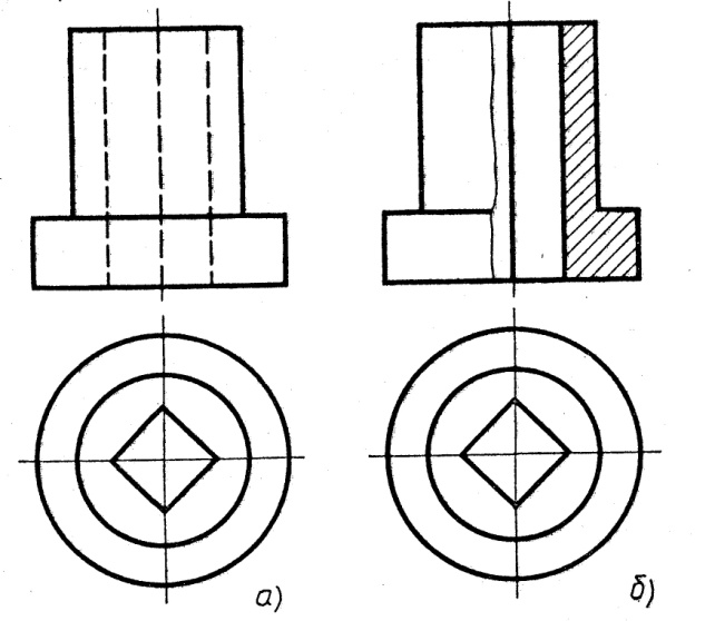 Соединение на чертеже двух изображений части вида с частью разреза.